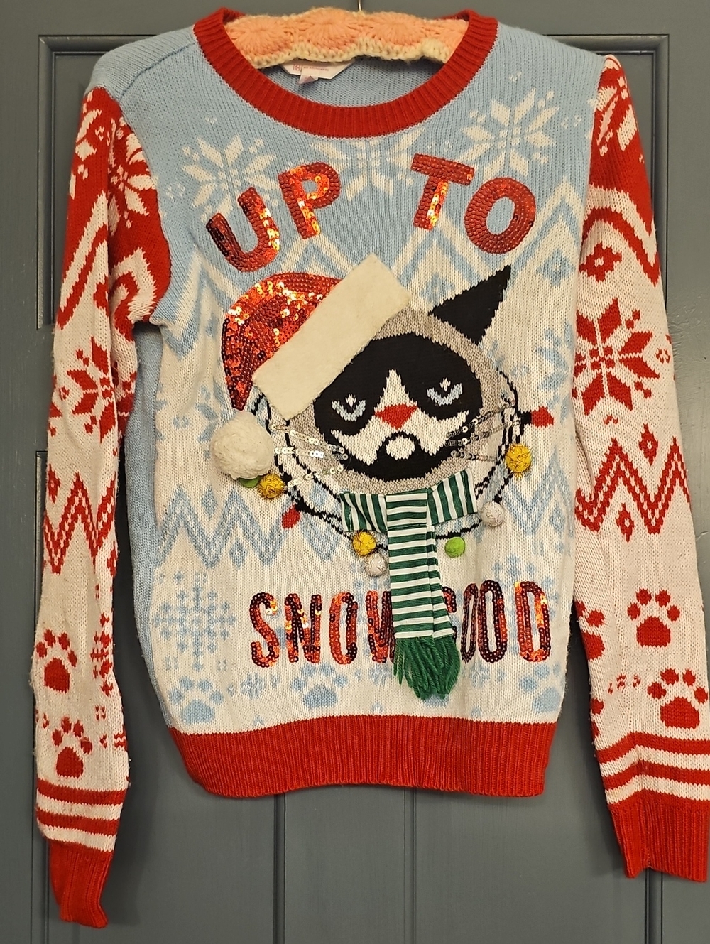 Ugly Cat Christmas Sweater No Boundaries Women Blue Red Sequin Crewneck Xsmall